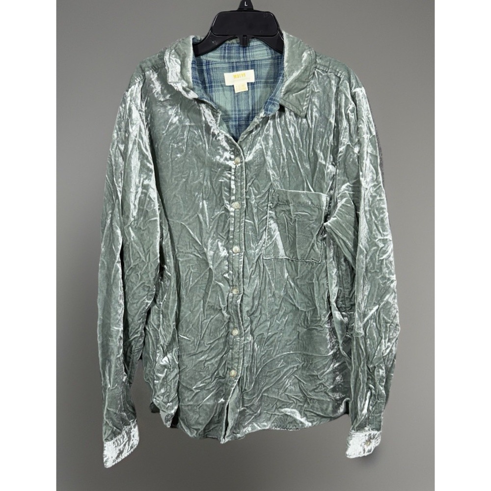 Anthropologie Maeve 14‎ Velvet Long Sleeve Top Shirt Button  Green